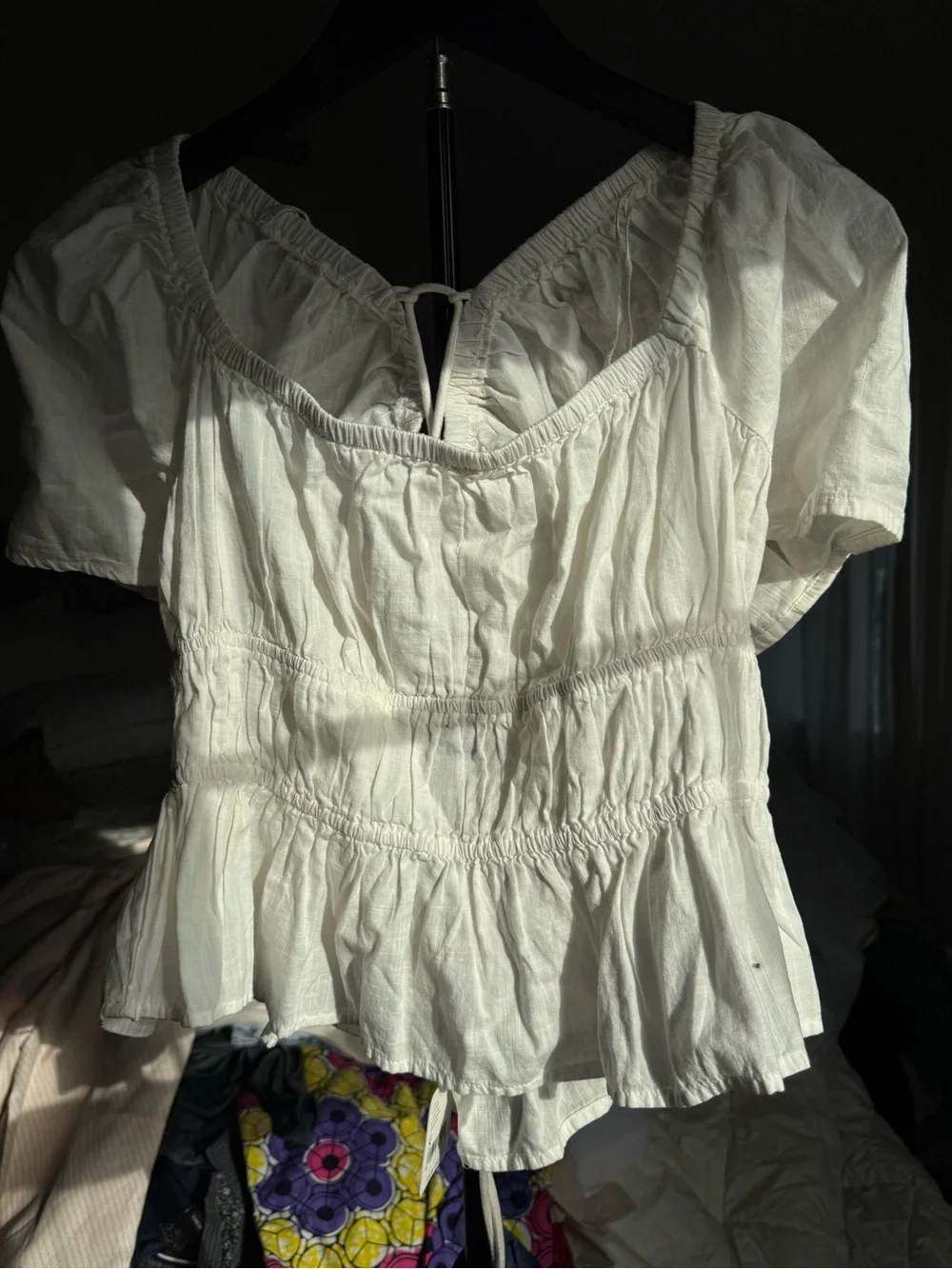 Free People White Smocked Peasant Blouse with Tie